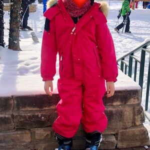 Children's Insulated Pink One-Piece Snowsuit with Faux-Fur Trim